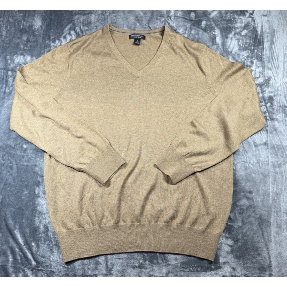 Banana Republic Luxury Blend Men XL Silk Cashmere Cotton V Neck Sweater Tan